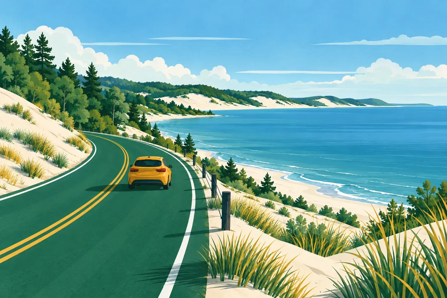 A lakeshore road along a great lake with sand dunes, a typical landscape of Michigan
