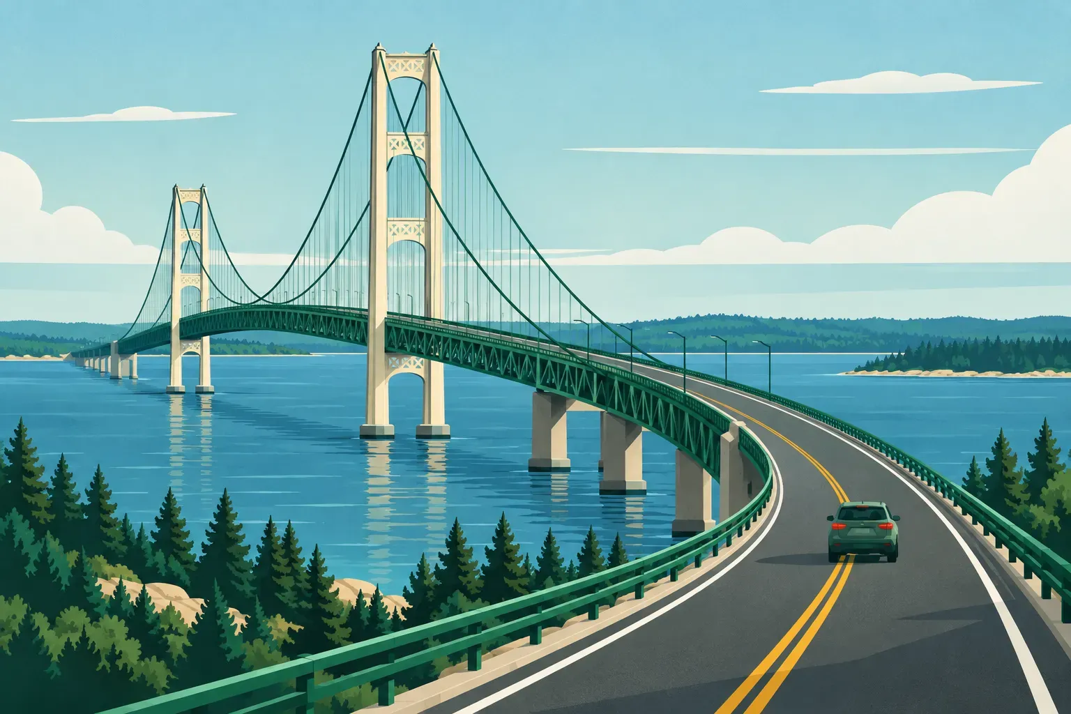The Mackinac Bridge, a long suspension bridge between two great lakes, in Michigan